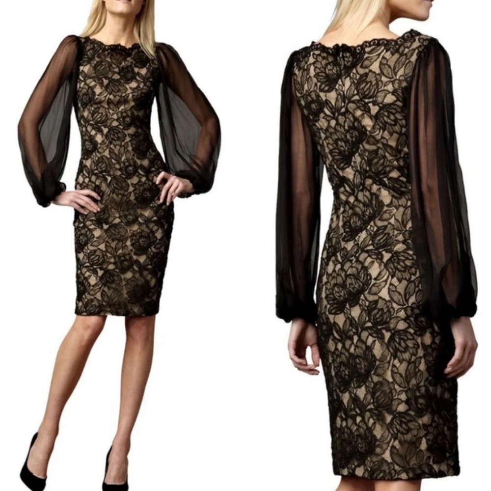 Tadashi Shoji Black Lace Underlay Longsleeve Knee Length Dress